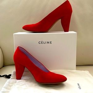 Celine bright red suede pumps